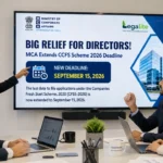 A professional meeting room scene where a presenter points to a large digital monitor displaying a Ministry of Corporate Affairs update that reads "BIG RELIEF FOR DIRECTORS! MCA Extends CCFS Scheme 2026 Deadline" with a new deadline highlighted as September 15, 2026.