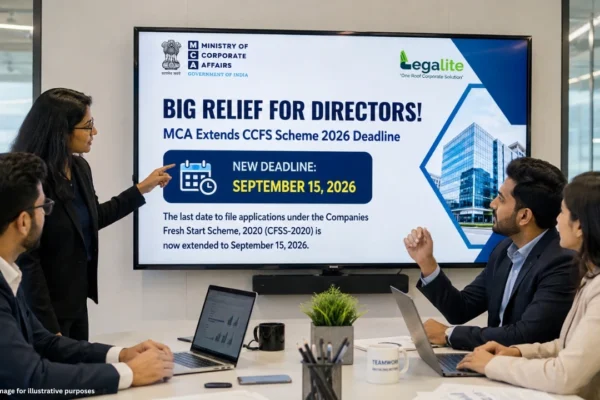 A professional meeting room scene where a presenter points to a large digital monitor displaying a Ministry of Corporate Affairs update that reads "BIG RELIEF FOR DIRECTORS! MCA Extends CCFS Scheme 2026 Deadline" with a new deadline highlighted as September 15, 2026.
