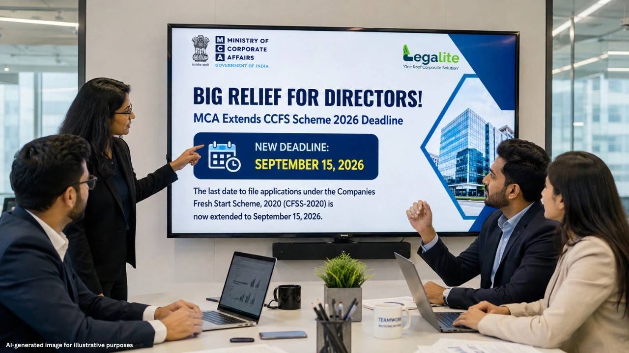 A professional meeting room scene where a presenter points to a large digital monitor displaying a Ministry of Corporate Affairs update that reads "BIG RELIEF FOR DIRECTORS! MCA Extends CCFS Scheme 2026 Deadline" with a new deadline highlighted as September 15, 2026.