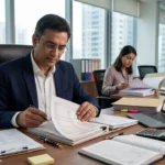 Man wearing glasses reviewing financial documents at a corporate office desk with a laptop displaying charts.