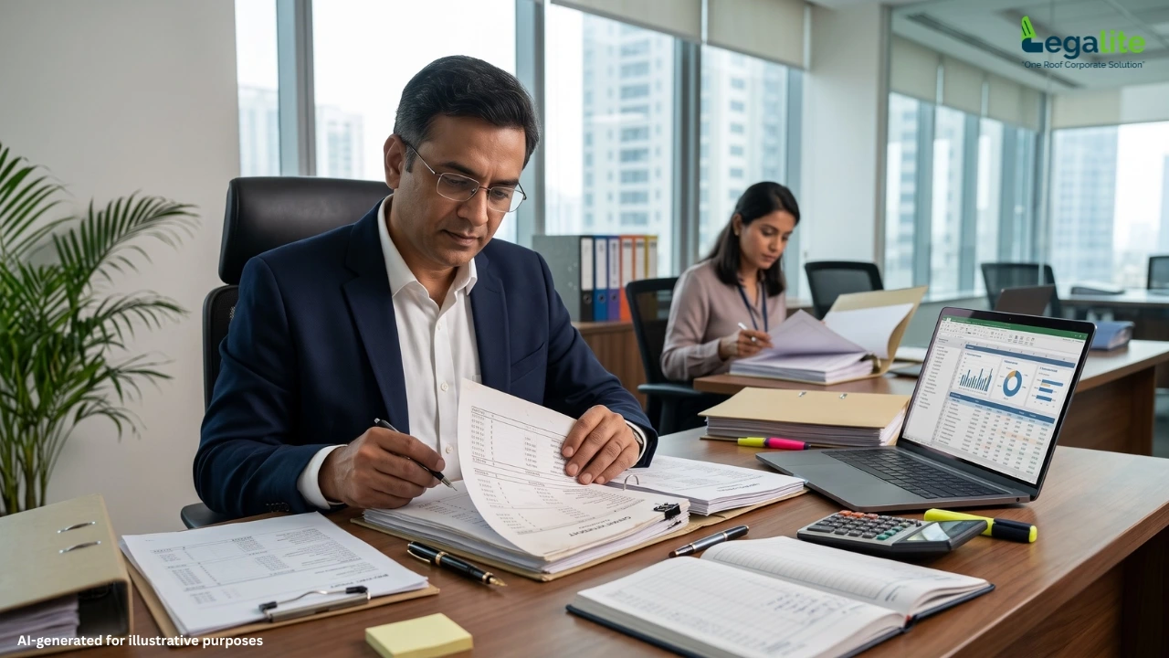 Man wearing glasses reviewing financial documents at a corporate office desk with a laptop displaying charts.