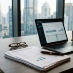 A modern office workspace featuring an open laptop displaying financial analytics charts, printed audited financial statements with a luxury pen on top, a pair of eyeglasses, and a coffee mug set against a floor-to-ceiling window overlooking city skyscrapers.