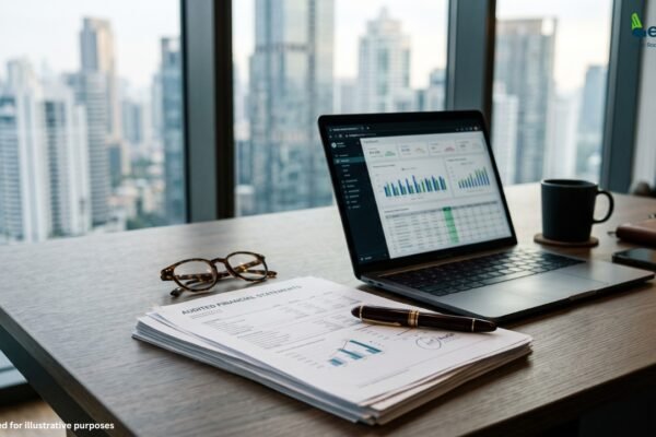 A modern office workspace featuring an open laptop displaying financial analytics charts, printed audited financial statements with a luxury pen on top, a pair of eyeglasses, and a coffee mug set against a floor-to-ceiling window overlooking city skyscrapers.