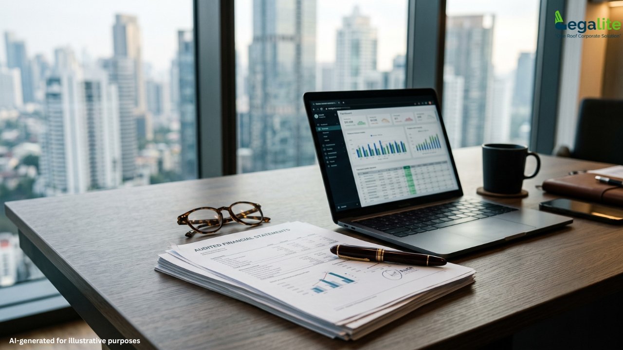 A modern office workspace featuring an open laptop displaying financial analytics charts, printed audited financial statements with a luxury pen on top, a pair of eyeglasses, and a coffee mug set against a floor-to-ceiling window overlooking city skyscrapers.